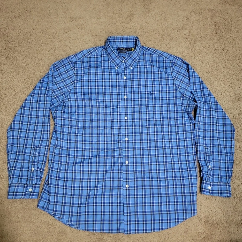 Polo Ralph Lauren Performance Shirt Mens XXL Blue Plaid Long Sleeve Nylon Blend